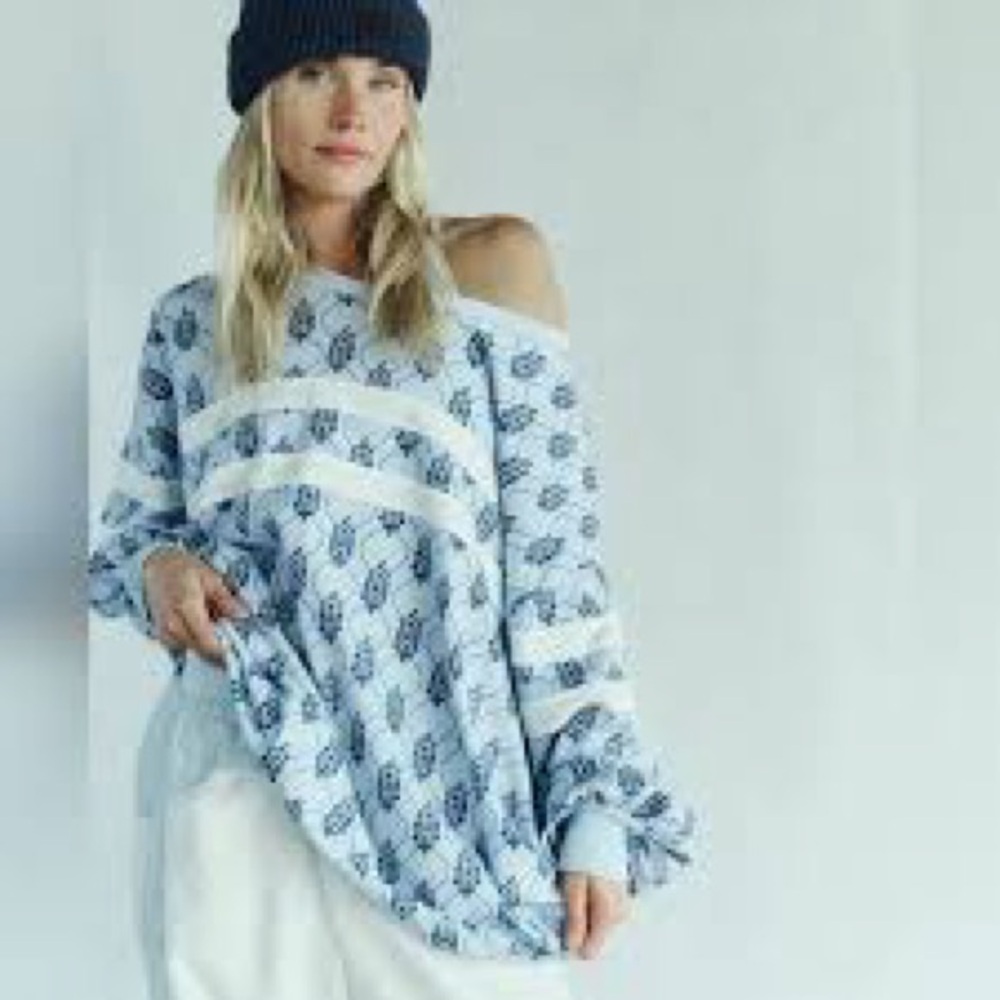 FP Movement by Free People Light Blue and White Printed Off-Shoulder Sweatshirt